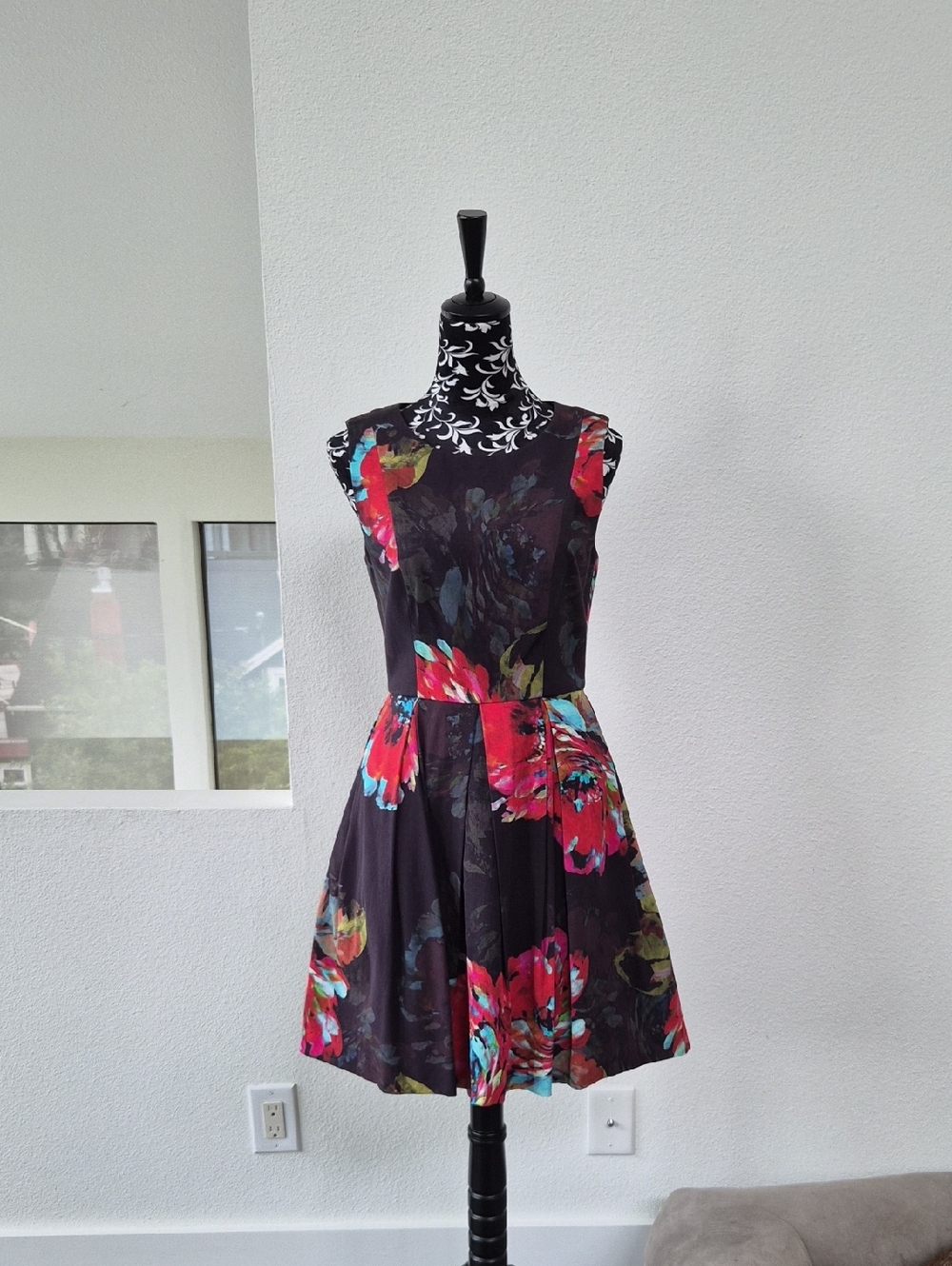 Trina Turk Black Dress with Bright Pink and Teal Floral Print